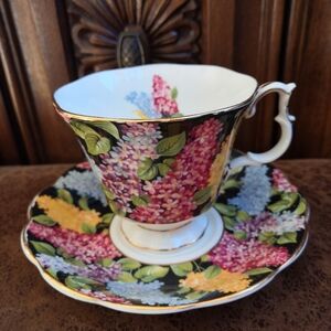 Royal Albert "Cynthia" Black Glaze Floral Bone China Cup and Saucer